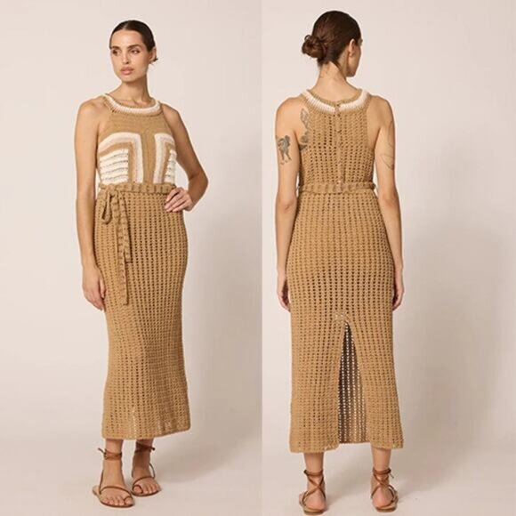NEW Cleobella Kiana Crochet Fitted Slit Button Tie Waist Midi Dress Beige - Picture 1 of 7